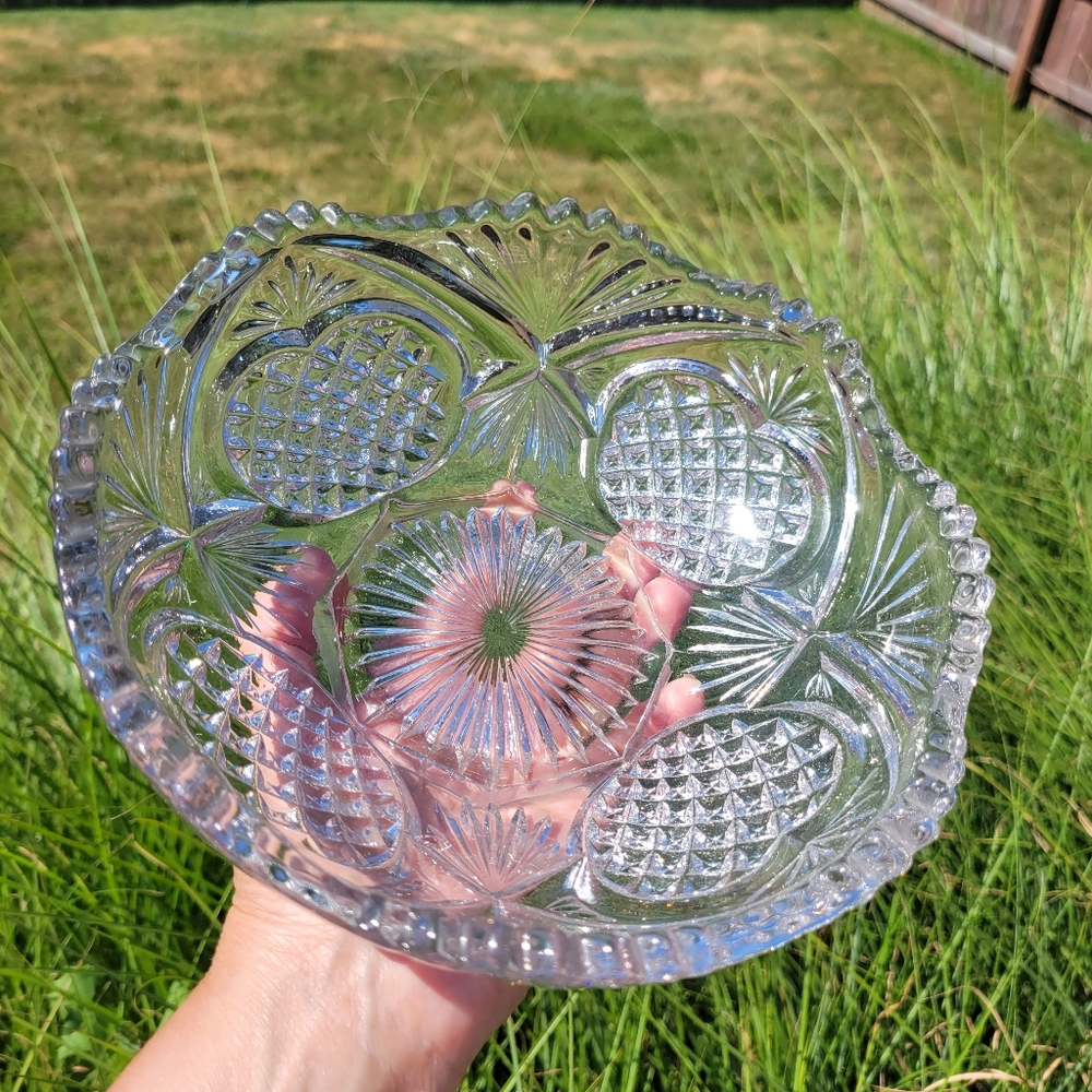 Pretty Depression Glass Cut Glass Bowl with Fruit Motif *Flawed